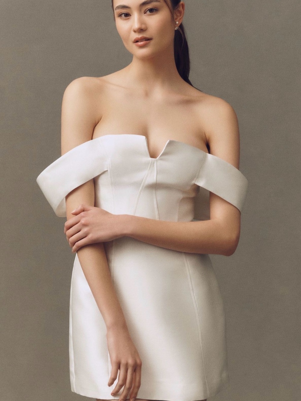 BHLDN OFF-THE-SHOULDER STRUCTURED DUPIONI MINI DRESS - Picture 1 of 5
